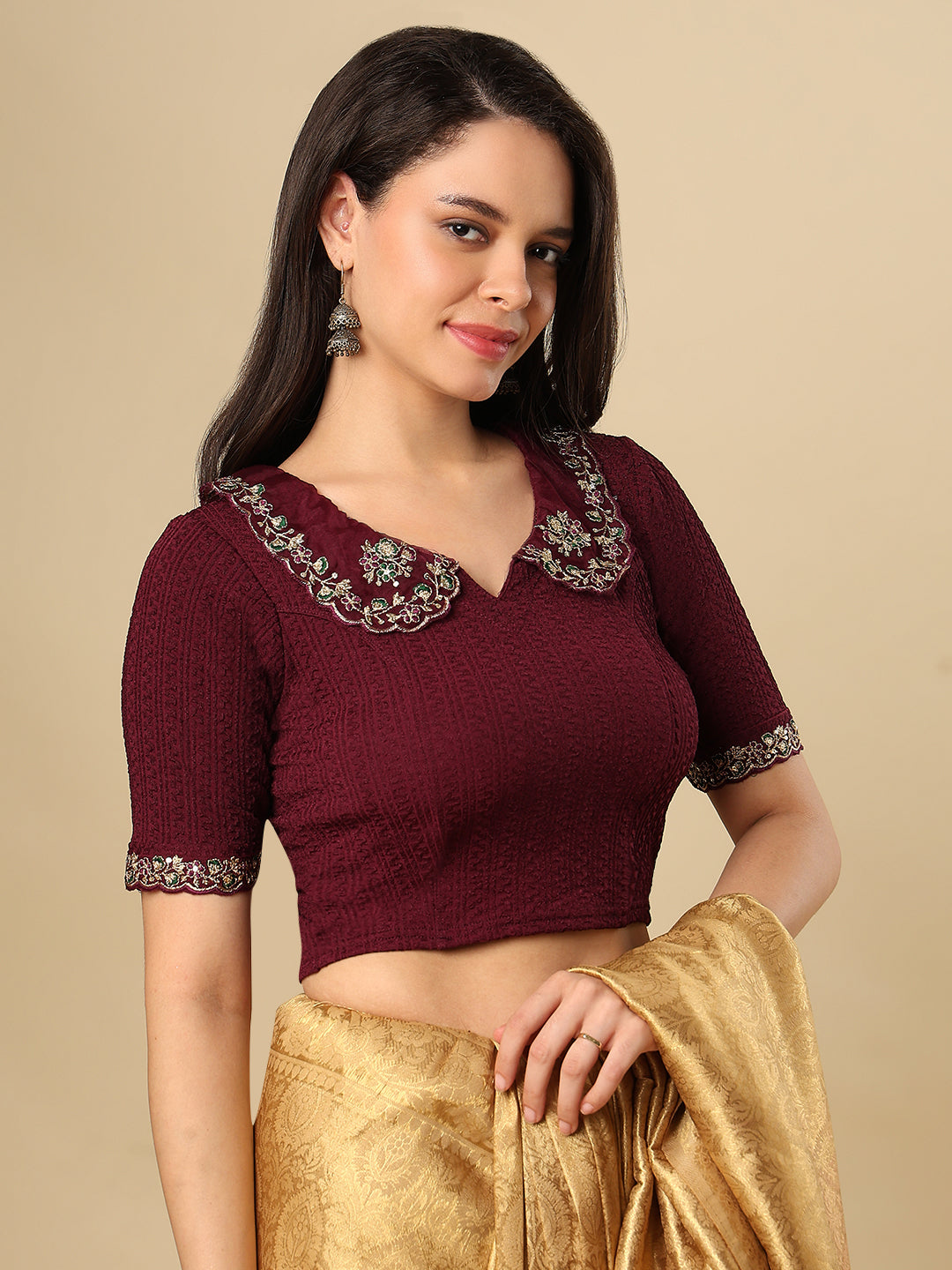 Wine Embroidered Non Padded Stretchable Saree Blouse
