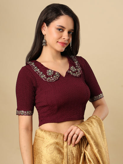 Wine Embroidered Non Padded Stretchable Saree Blouse
