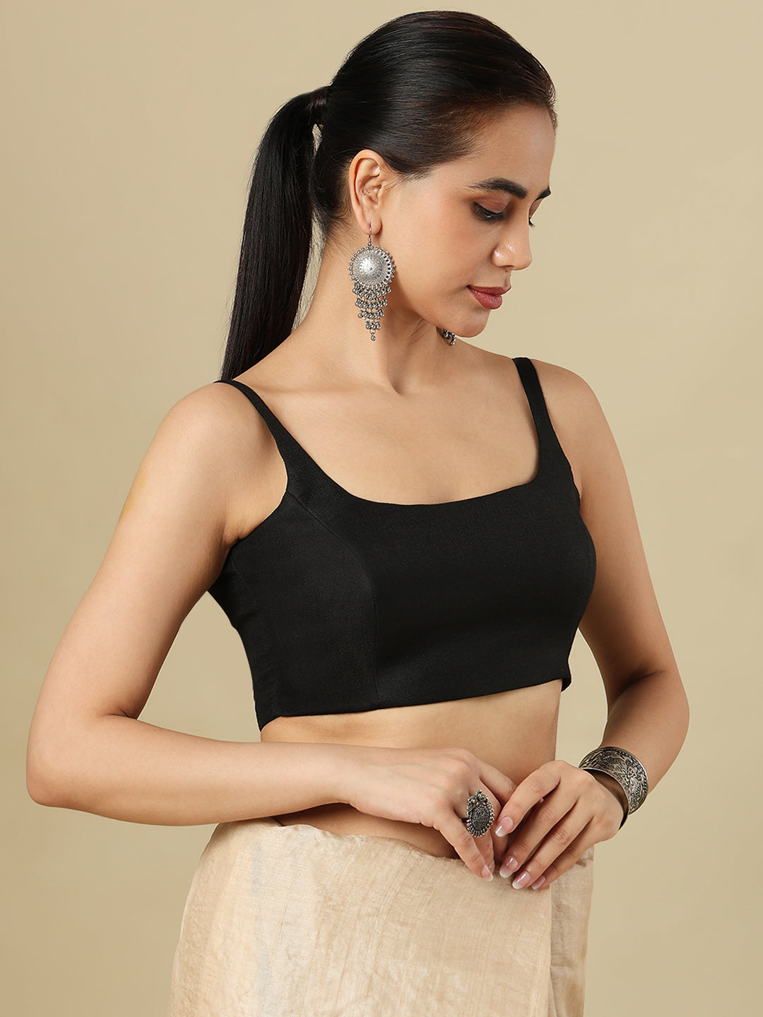 Black Pure Linen Sleeveless Readymade Saree Blouse