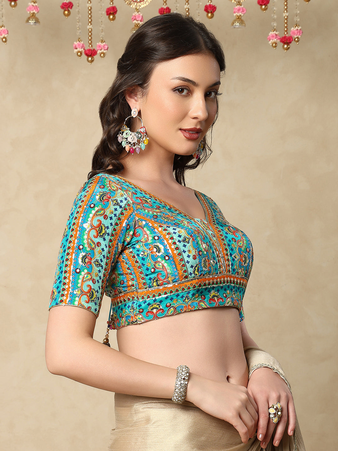 Sea Blue silk V Neck Readymade Blouse