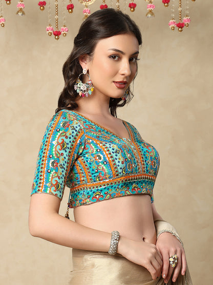 Sea Blue silk V Neck Readymade Blouse