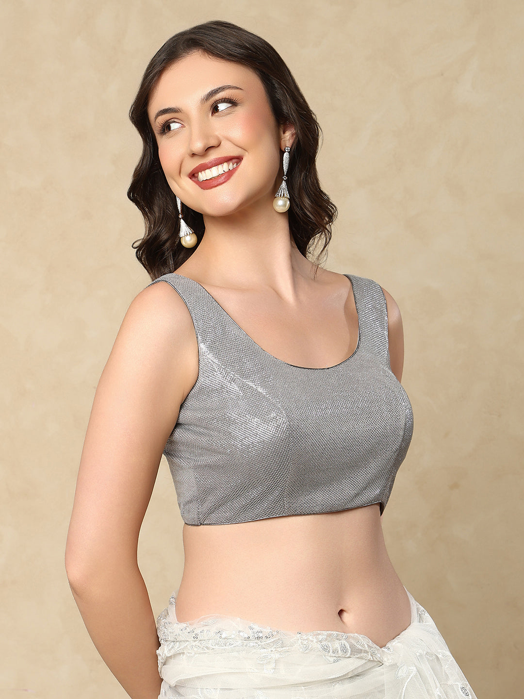 Grey Shimmer Sleeveless Readymade Blouse