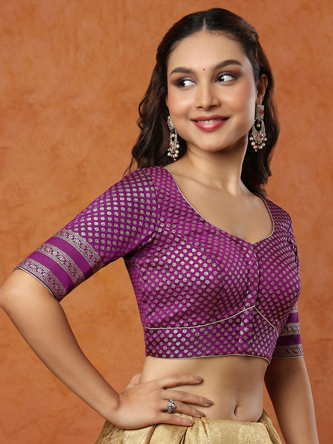 Purple Brocade Round Neck Readymade Blouse