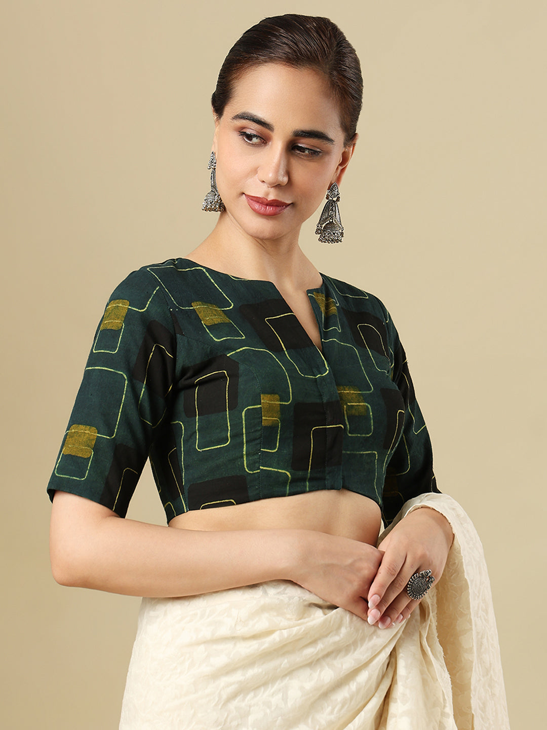 Ajrak Block Printed Cotton Boat Neck Padded Saree Blouse