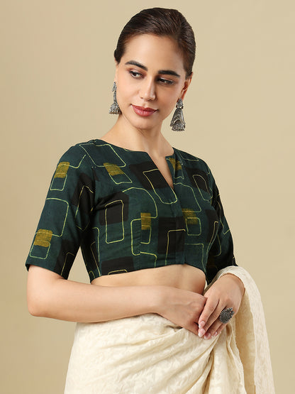 Ajrak Block Printed Cotton Boat Neck Padded Saree Blouse
