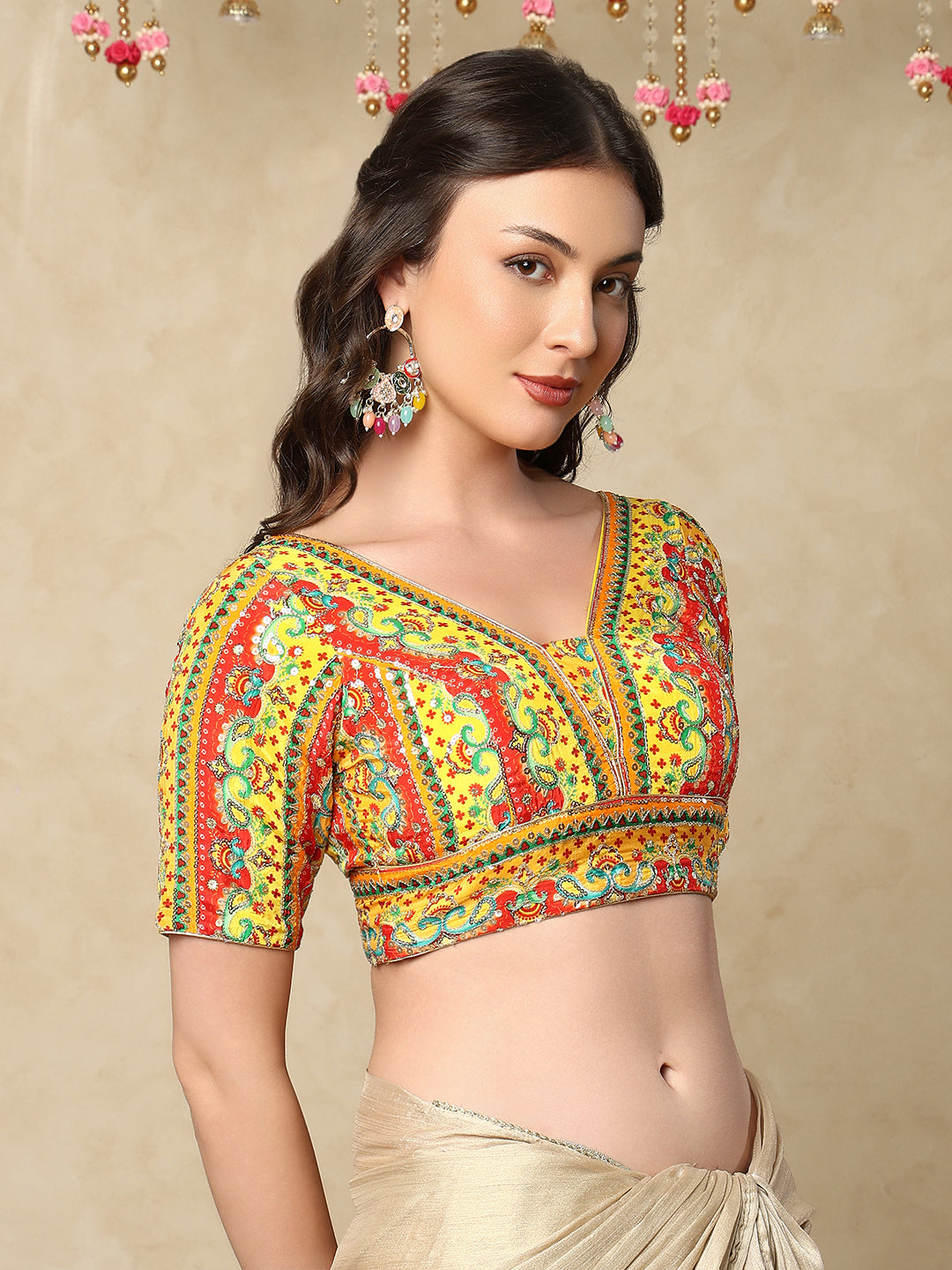 Yellow silk V Neck Readymade Blouse