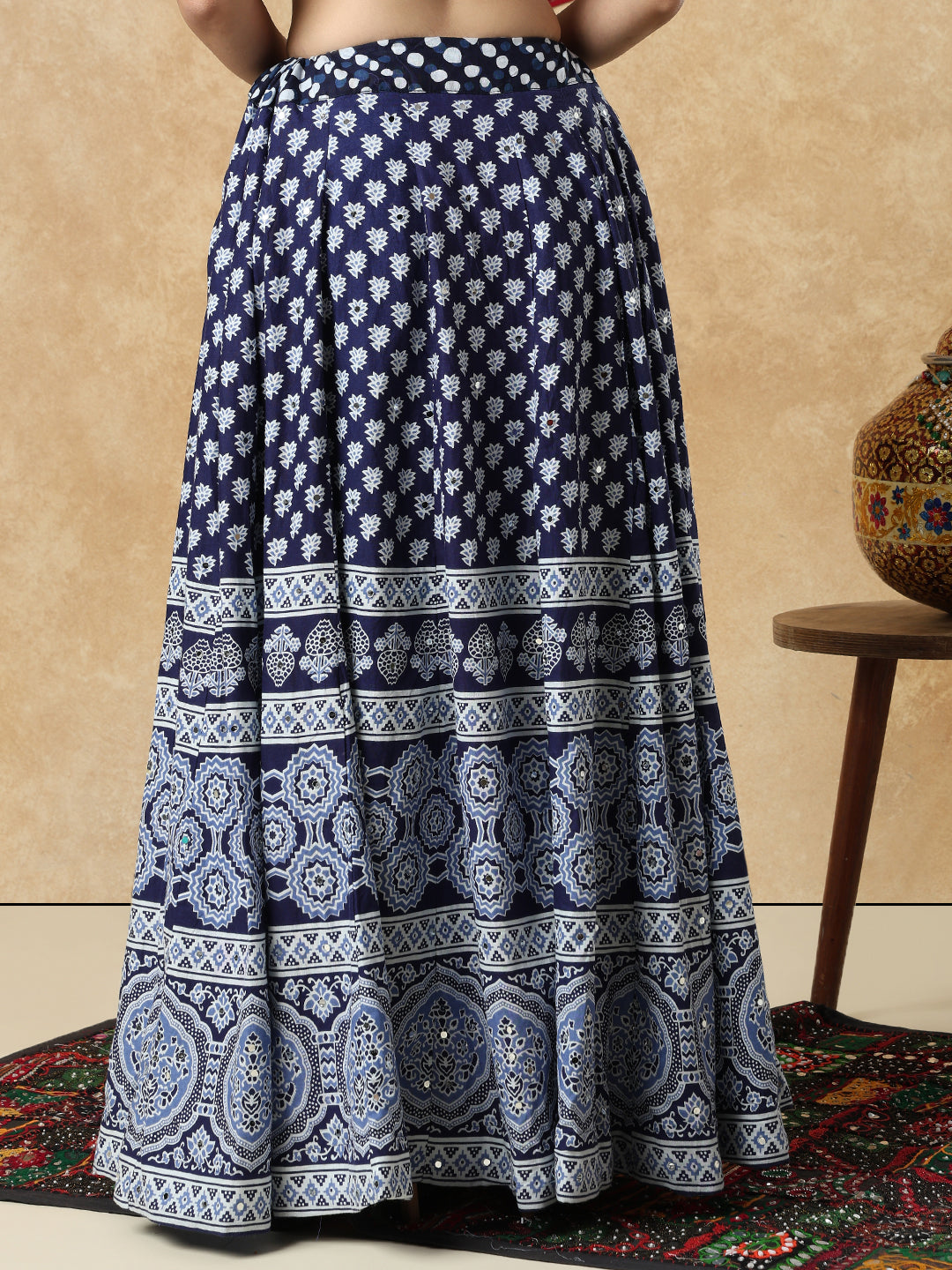 Navy Blue Mirror Work Cotton Garba Festive Readymade Skirt For Navratri