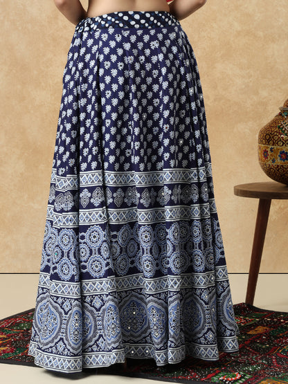 Navy Blue Mirror Work Cotton Garba Festive Readymade Skirt For Navratri