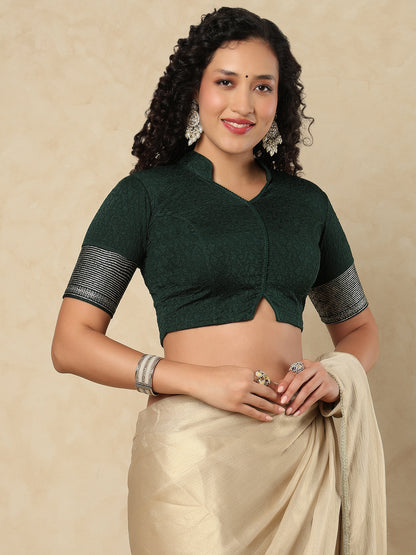 Green Cotton Lycra Stand Collar Readymade Blouse