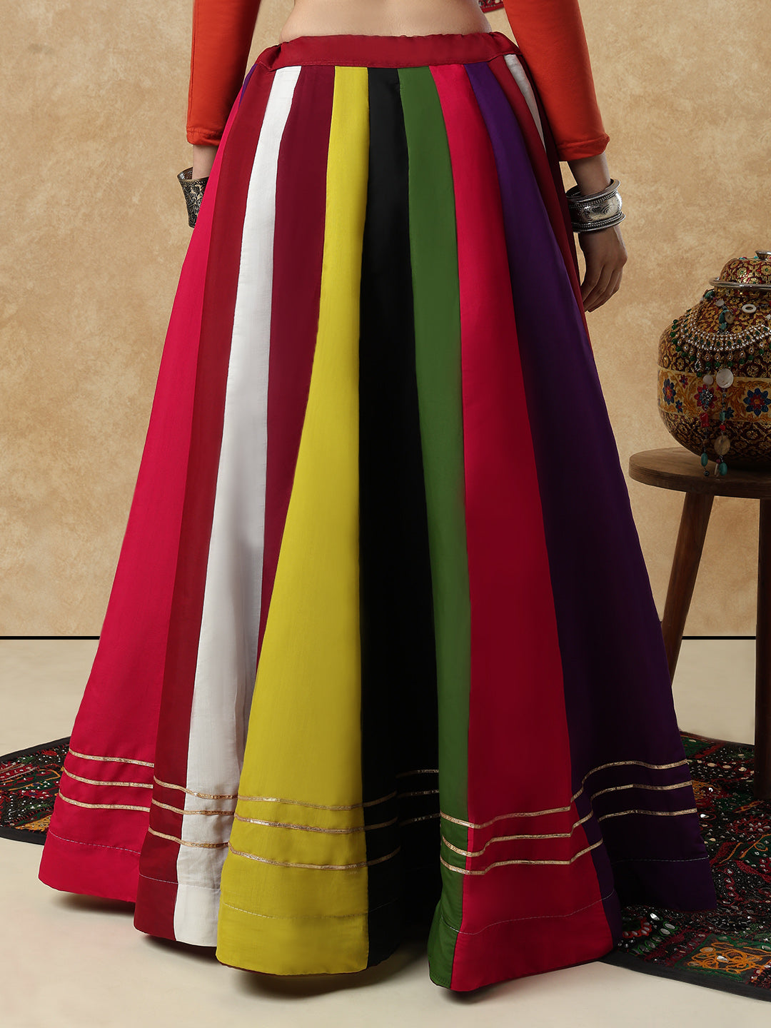 Multicolour Cotton Panel Garba Readymade Skirt For Navratri