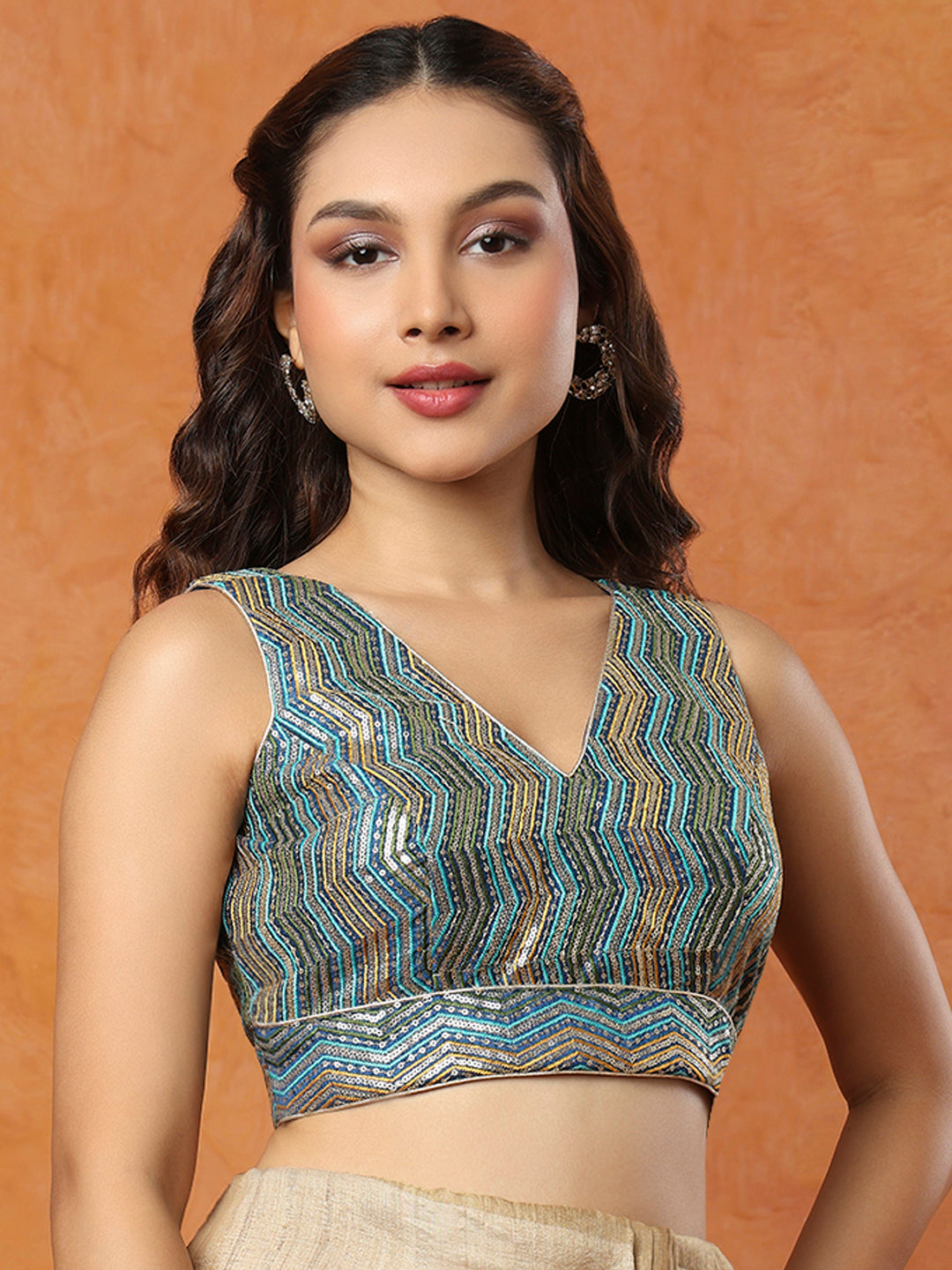 Blue Sequinned Sleeveless Readymade Blouse