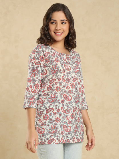 White Cotton Printed Short Kurti