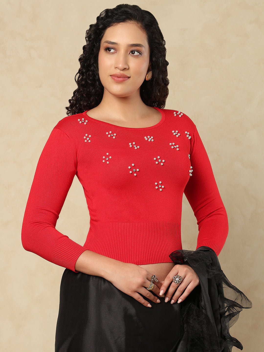 Red Woolen Round Neck Readymade Blouse