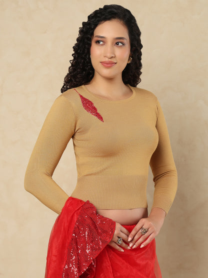 Beige Woolen Round Neck Readymade Blouse