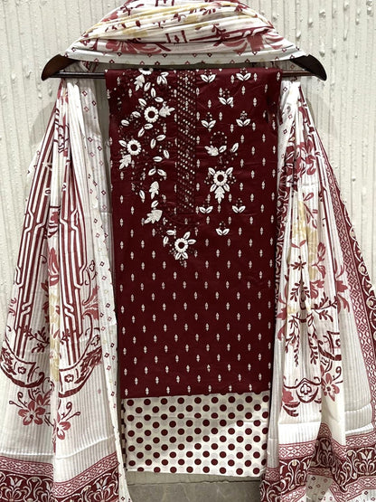 Maroon Cotton Embroidered Unstitched Dress Material