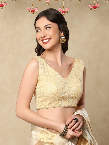 Gold Georgette V Neck Sleeveless Readymade Blouse