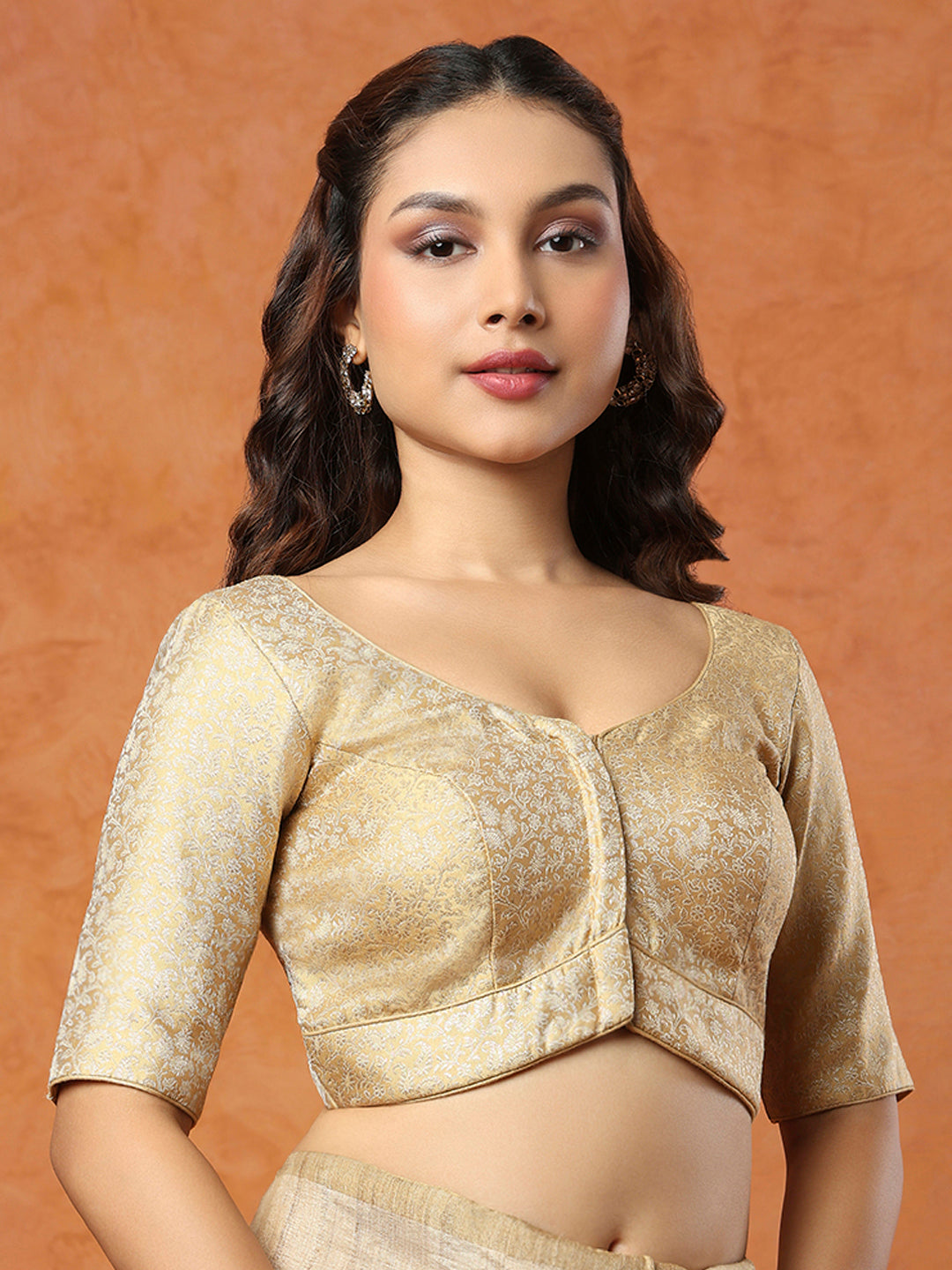 Gold Brocade Round Neck Readymade Blouse
