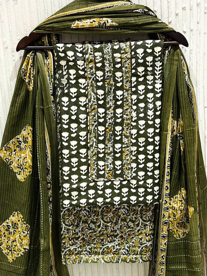 Olive Cotton Printed Unstitched Dress Material