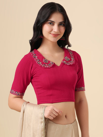 Pink Lycra Peter Pan Collar Neck Readymade Blouse