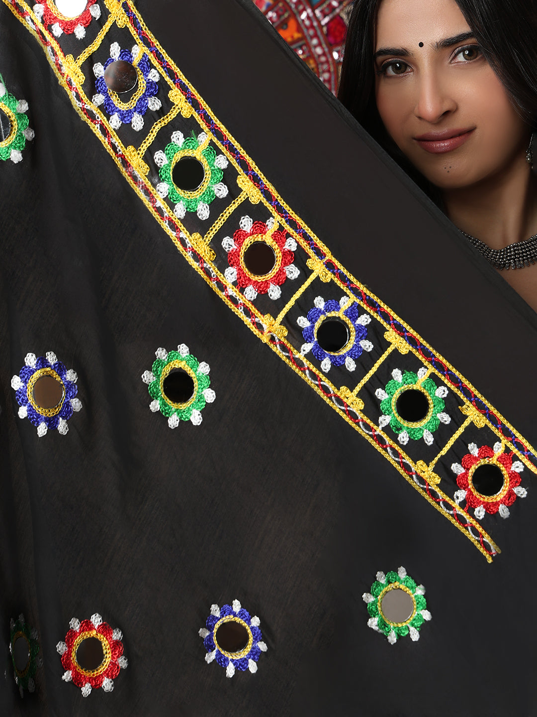 Black Silk Embroidered Mirror Work Festive Garba Dupatta For Navratri