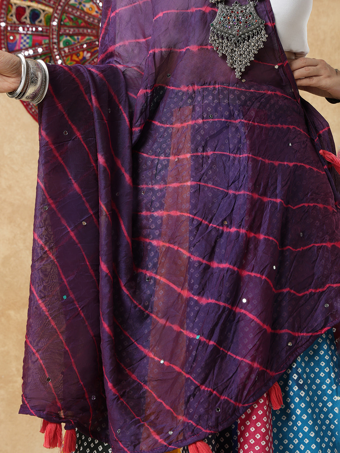 Purple Silk Tie & Dye Festive Garba Dupatta For Navratri