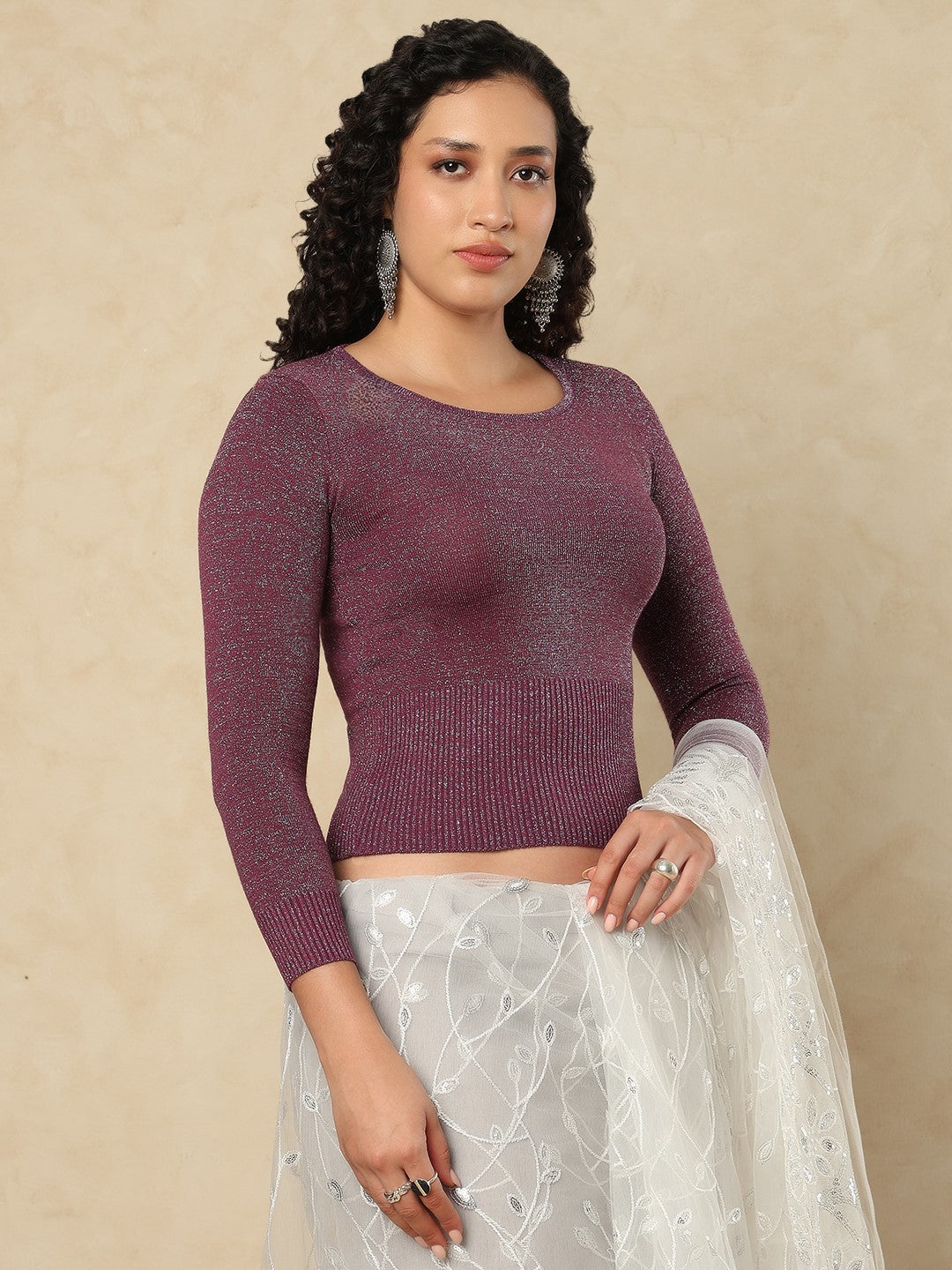 Wine Woolen Round Neck Full Sleeves Stretchable Readymade Blouse