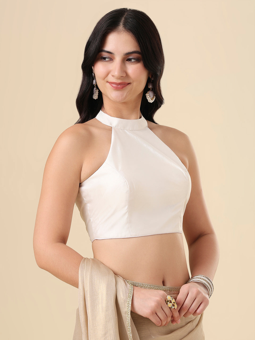 White Halter Neck Readymade Blouse