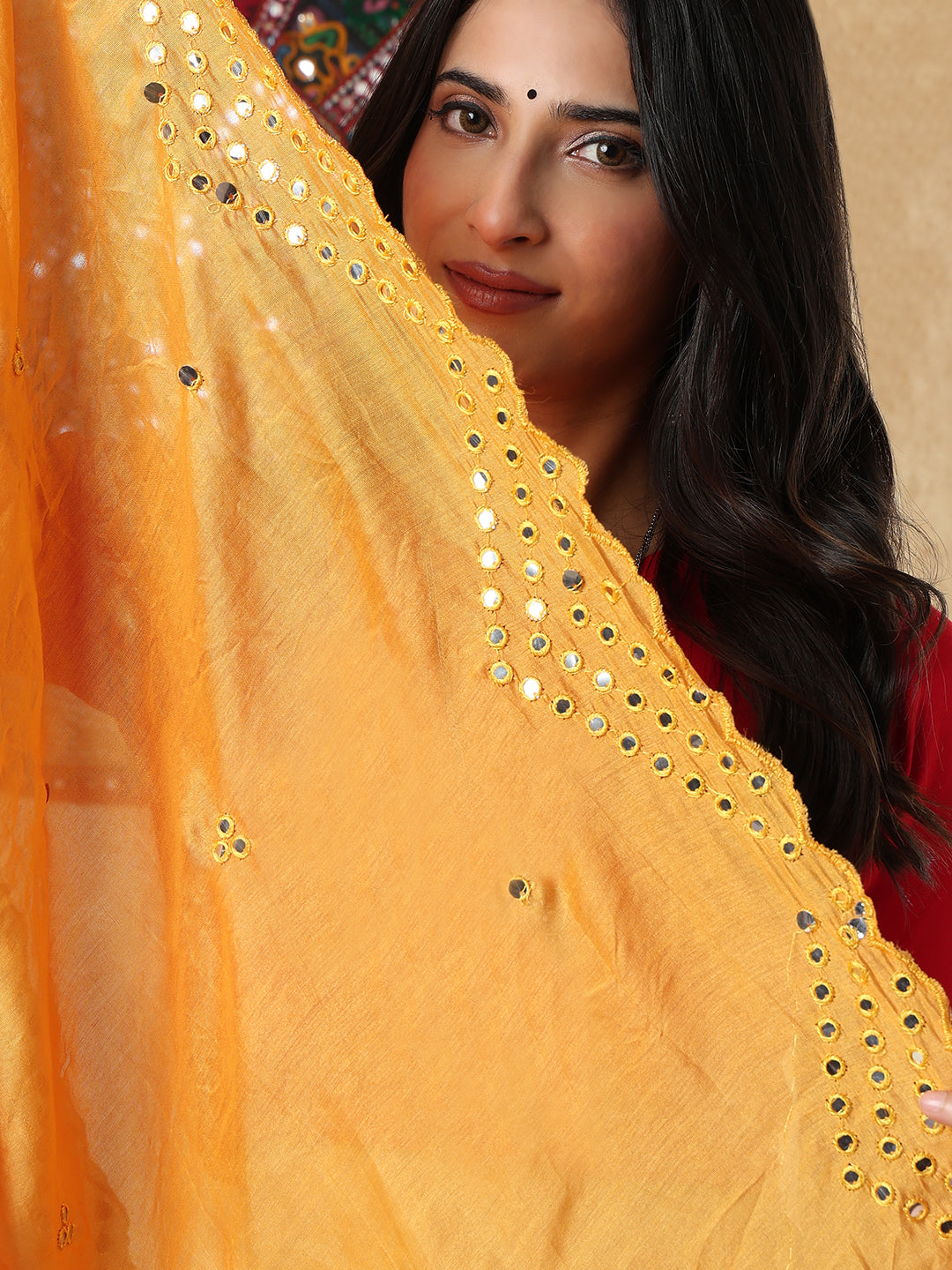 Yellow Silk Mirror Work Festive Garba Dupatta For Navratri