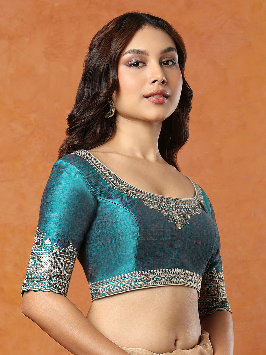 Green Mulberry silk Round Neck Readymade Blouse