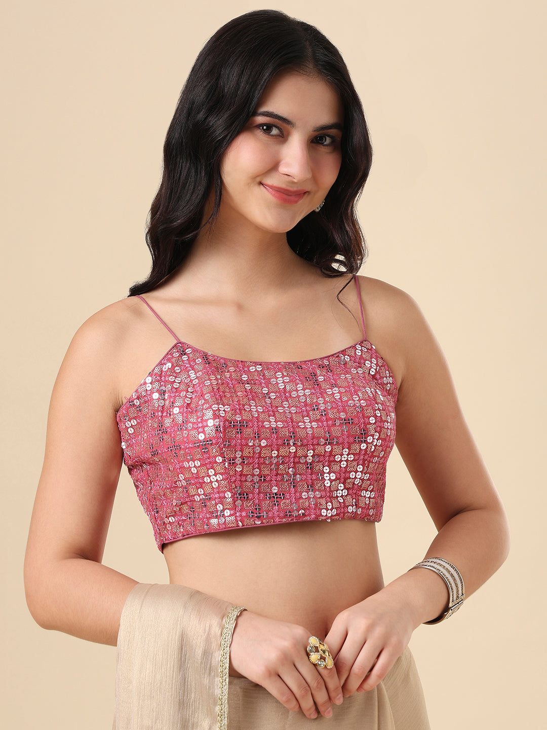 Pink Embellished Sleeveless Readymade Blouse