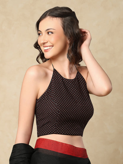 Black Cotton Halter Neck Sleeveless Readymade Padded Blouse