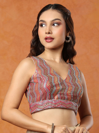 Pink Sequinned Sleeveless Readymade Blouse