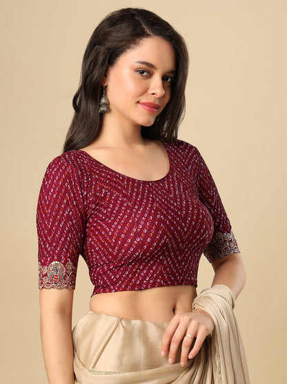Wine Embroidered Non Padded Stretchable Garba Saree Blouse