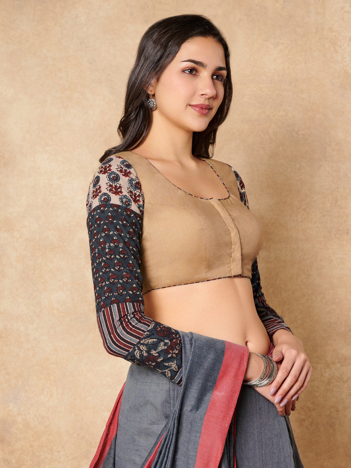 Beige Pure Cotton Readymade Blouse With Ajrakh Sleeves