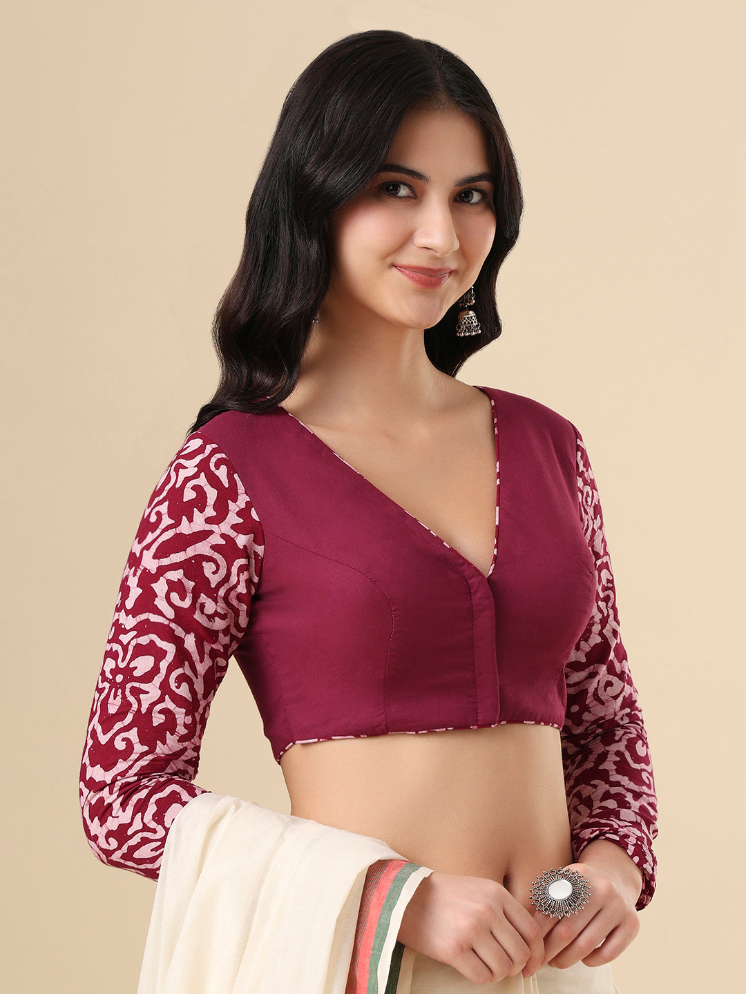 Wine Pure Cotton Batik Printed Readymade Blouse