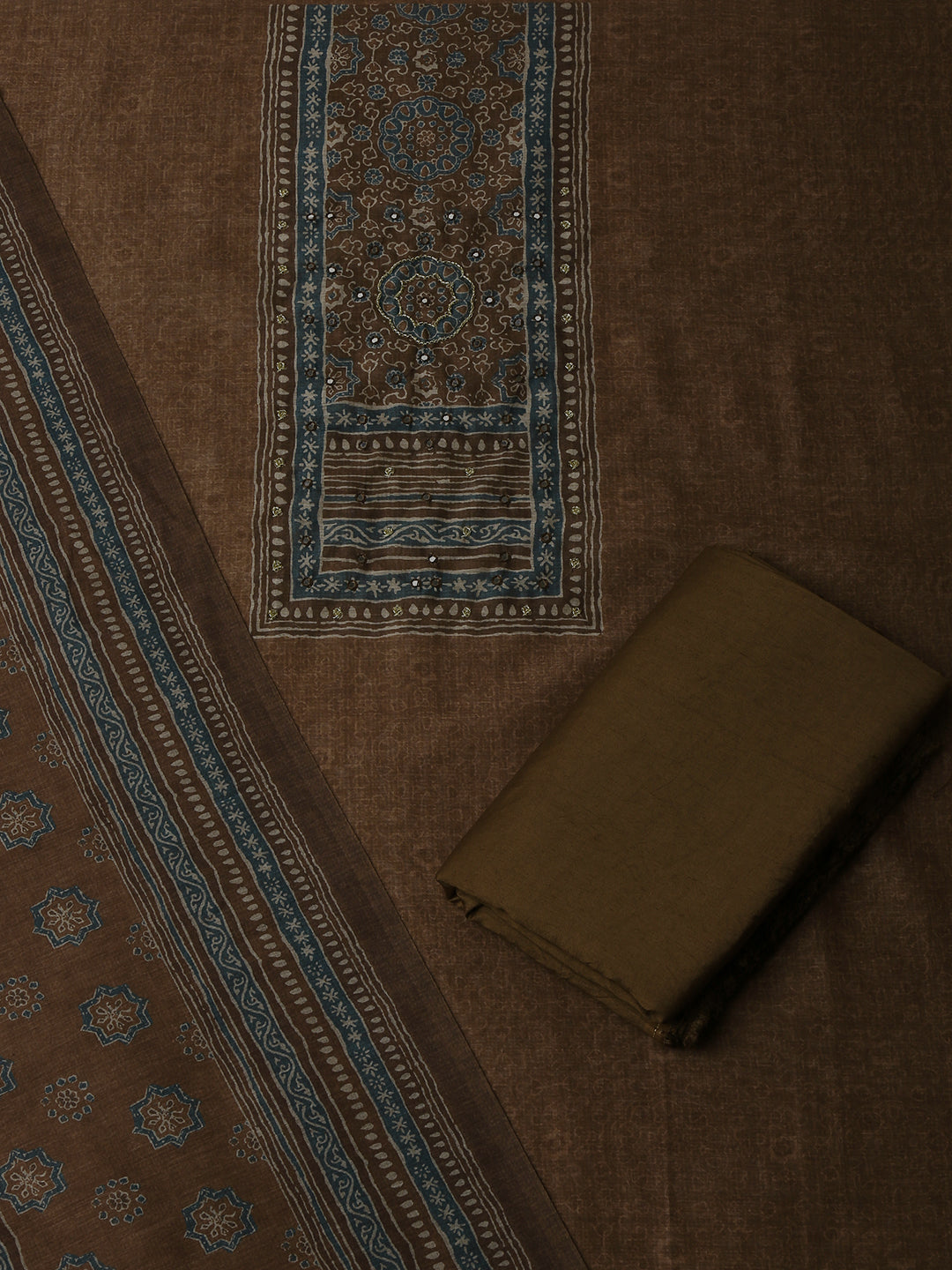 Brown Chanderi Silk Embellished Unstitched Dress Material (3 Pc)