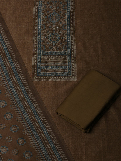 Brown Chanderi Silk Embellished Unstitched Dress Material (3 Pc)