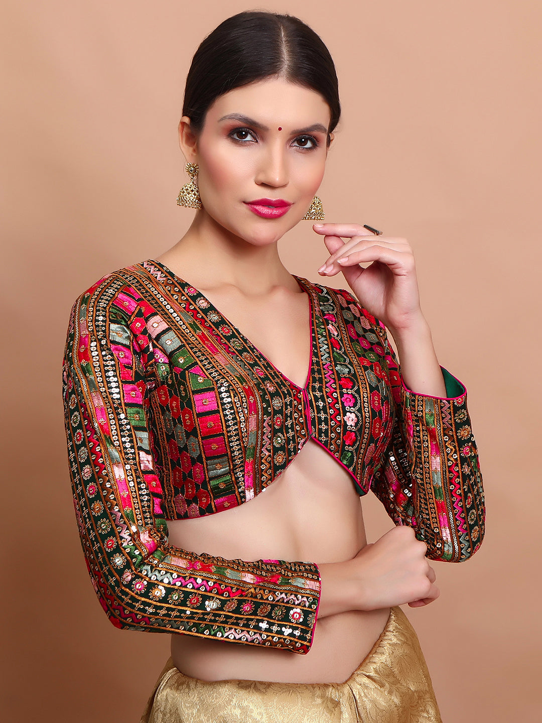 Green Georgette Embroidered V Neck Readymade Blouse