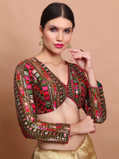 Green Georgette Embroidered V Neck Readymade Blouse