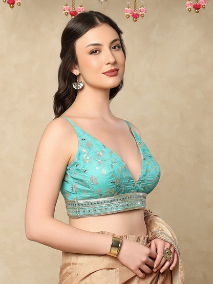 Blue Silk Embroidered Sleeveless Readymade Blouse