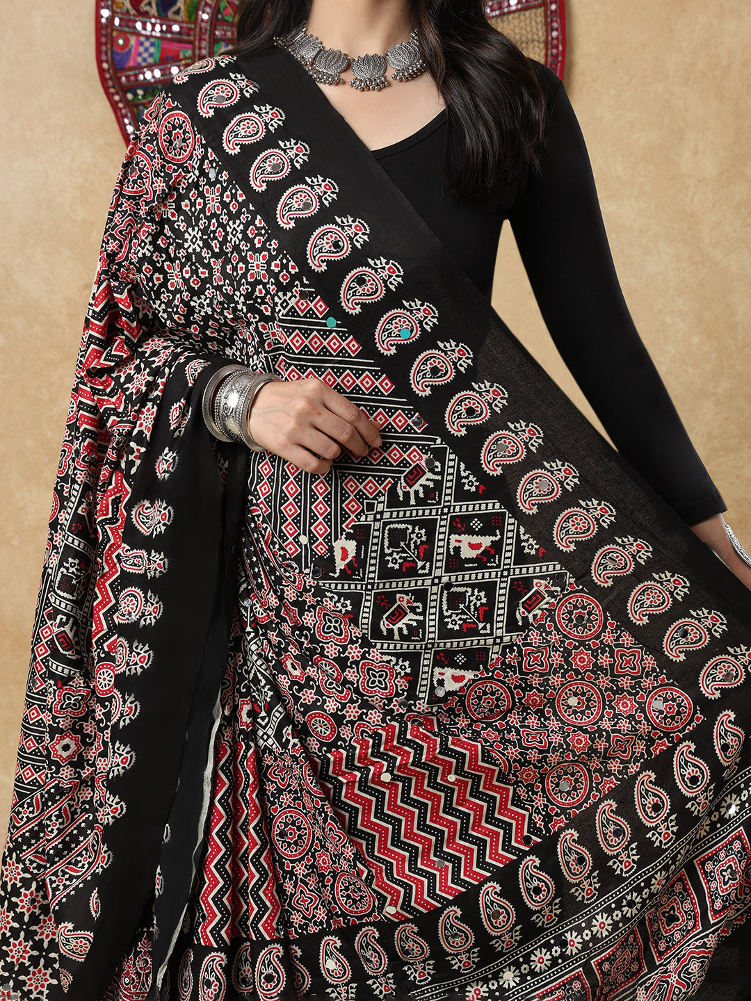 Black Silk Ajrakh Mirror Work Festive Garba Dupatta For Navratri