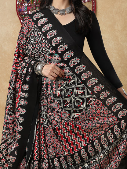 Black Silk Ajrakh Mirror Work Festive Garba Dupatta For Navratri