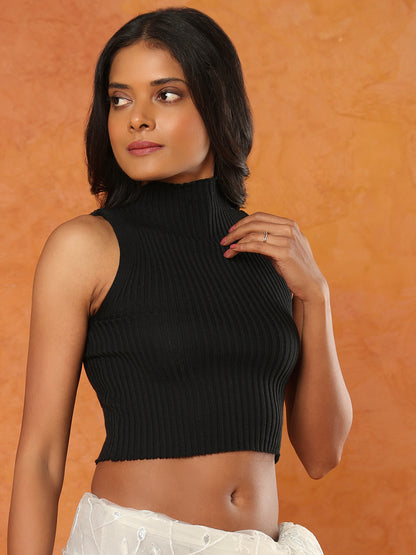 Black Knitted Sleeveless Readymade Blouse