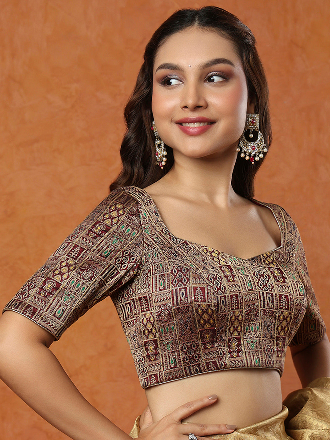 Maroon Brocade Sweetheart Neck Readymade Blouse