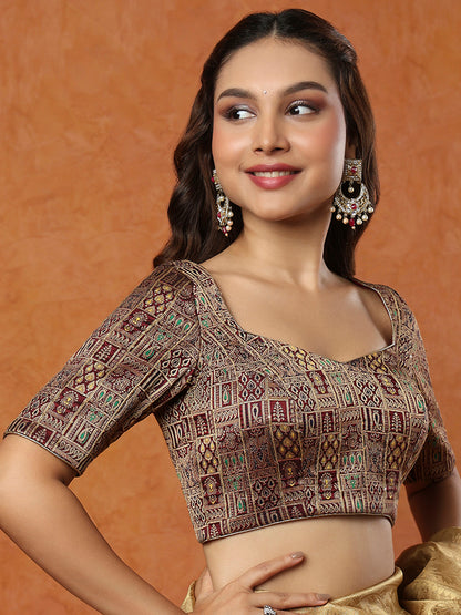Maroon Brocade Sweetheart Neck Readymade Blouse