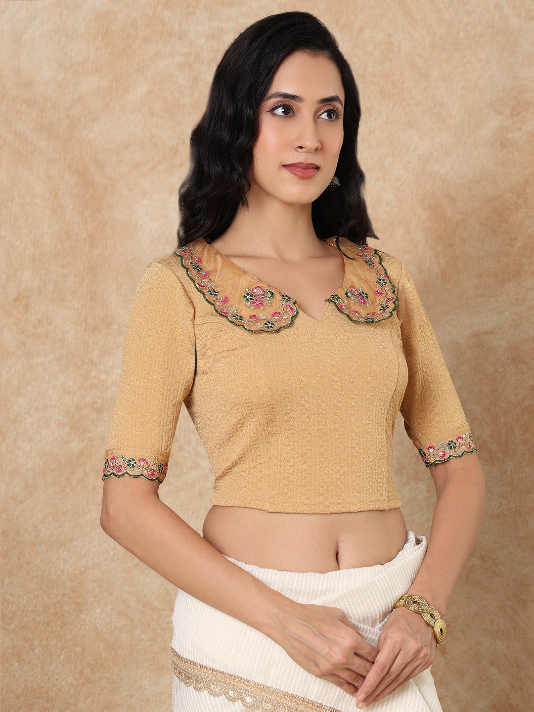Gold Embroidered Non Padded Stretchable Saree Blouse