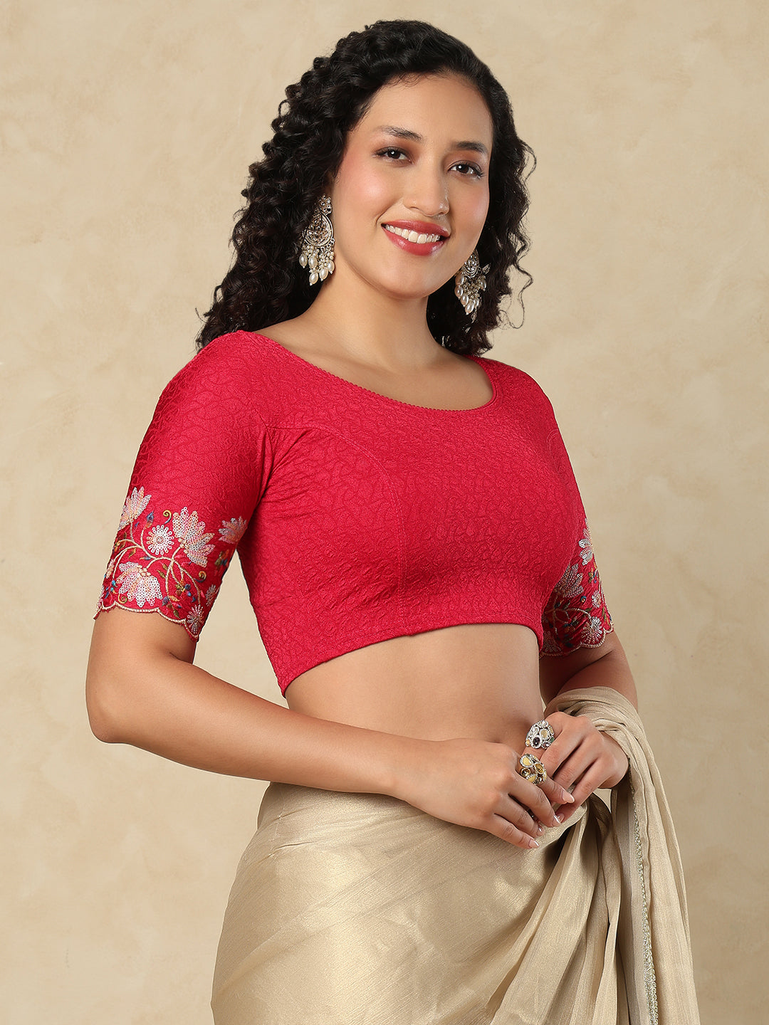 Pink Cotton Lycra Round Neck Readymade Blouse