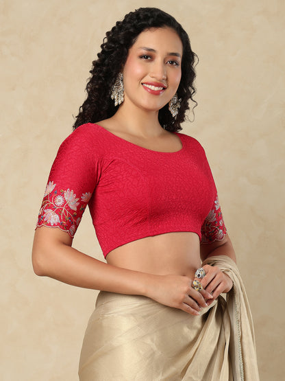 Pink Cotton Lycra Round Neck Readymade Blouse