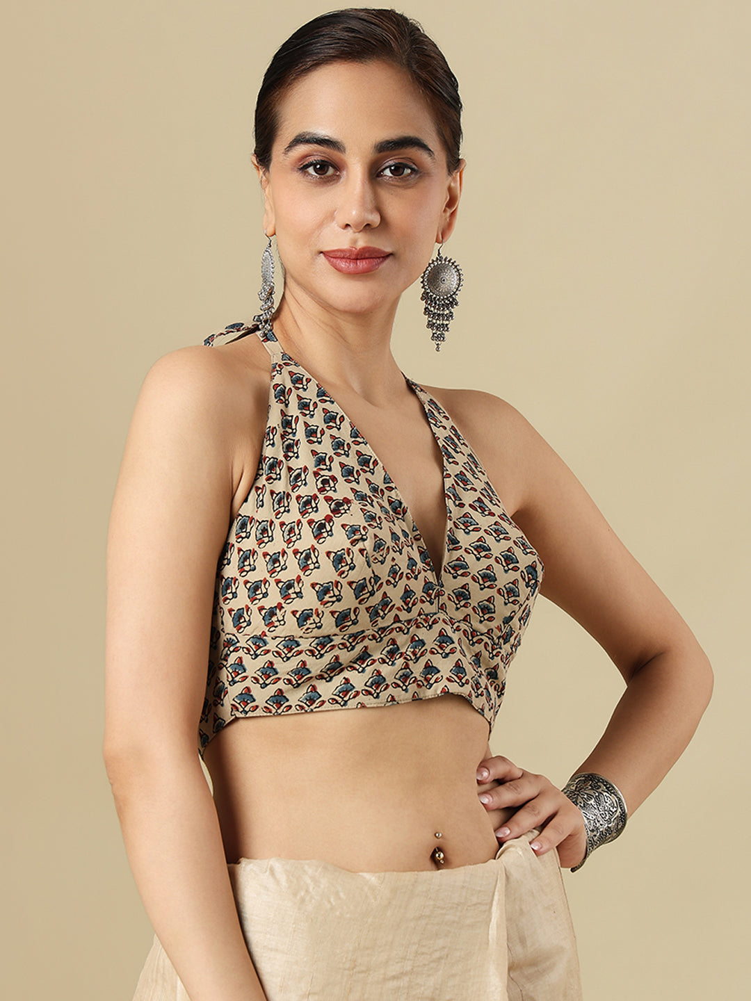 Beige Ajrakh Hand Block Printed Pure Cotton Halter Neck Padded Saree Blouse
