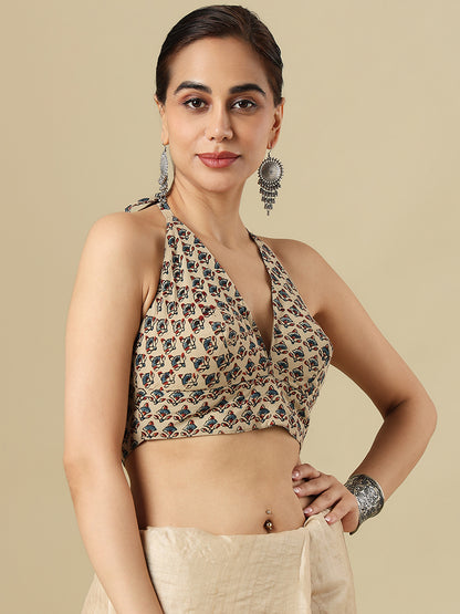 Beige Ajrakh Hand Block Printed Pure Cotton Halter Neck Padded Saree Blouse